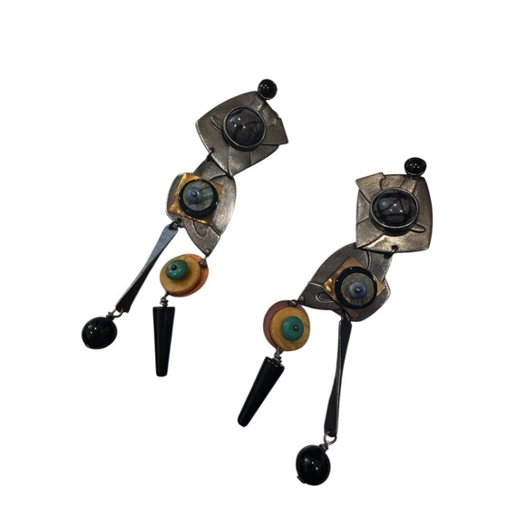 Vintage Modernist Artisan Gale Rothstein Multi Semi Precious Stone Clip Earrings - Picture 3 of 8